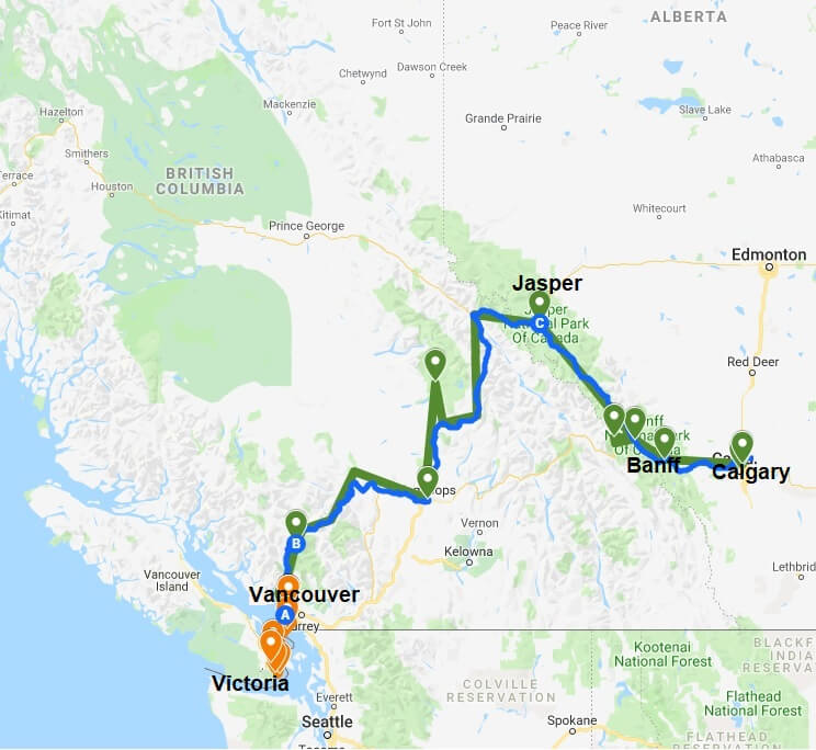 Beschrijving mooiste reisroutes West Canada met beste reistijd, reisduur, reisafstand, activiteiten en bezienswaardigheden onderweg