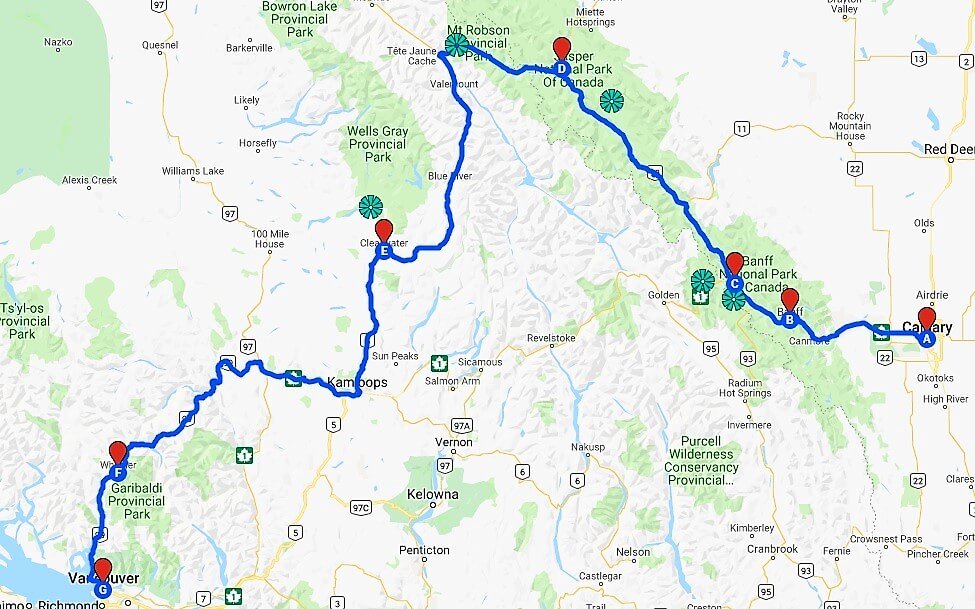 Route Calgary to Vancouver